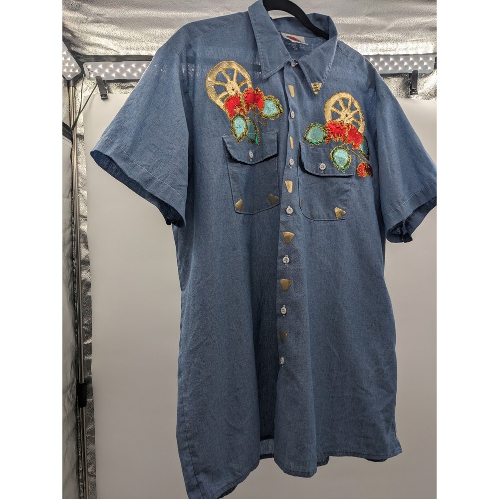 Vintage Dickies Blue Chambray Embroidered Western Shirt Floral Wagon Wheel XXL
